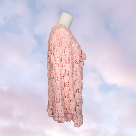 Vtg Handmade Pink Open Knit Coquette Cottage Prairie Bell Sleeve Knit Sweater - Picture 4 of 7